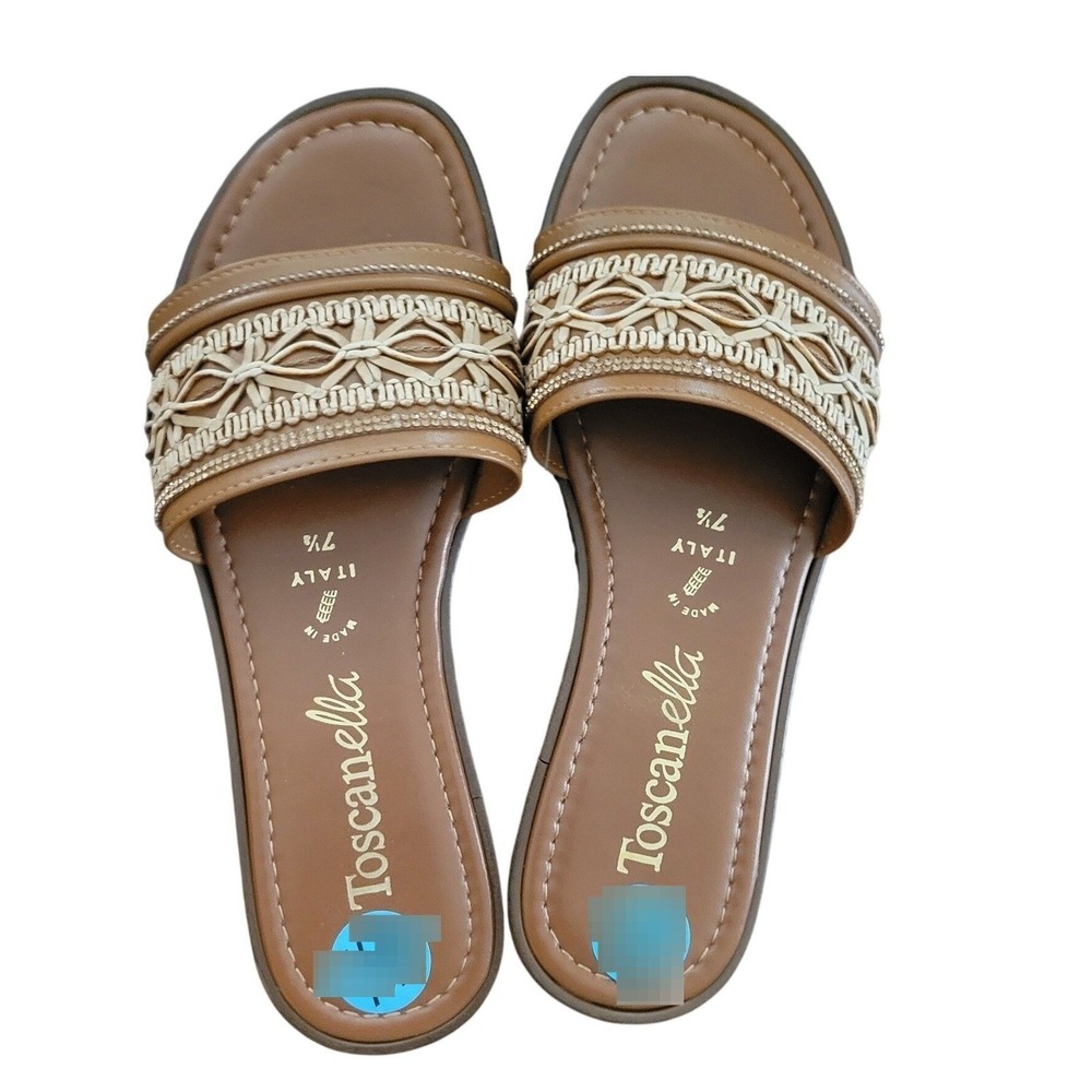 Safron Made in Italy Brown Woven Macrame Rhinestone Slide Sandals New Womens 39